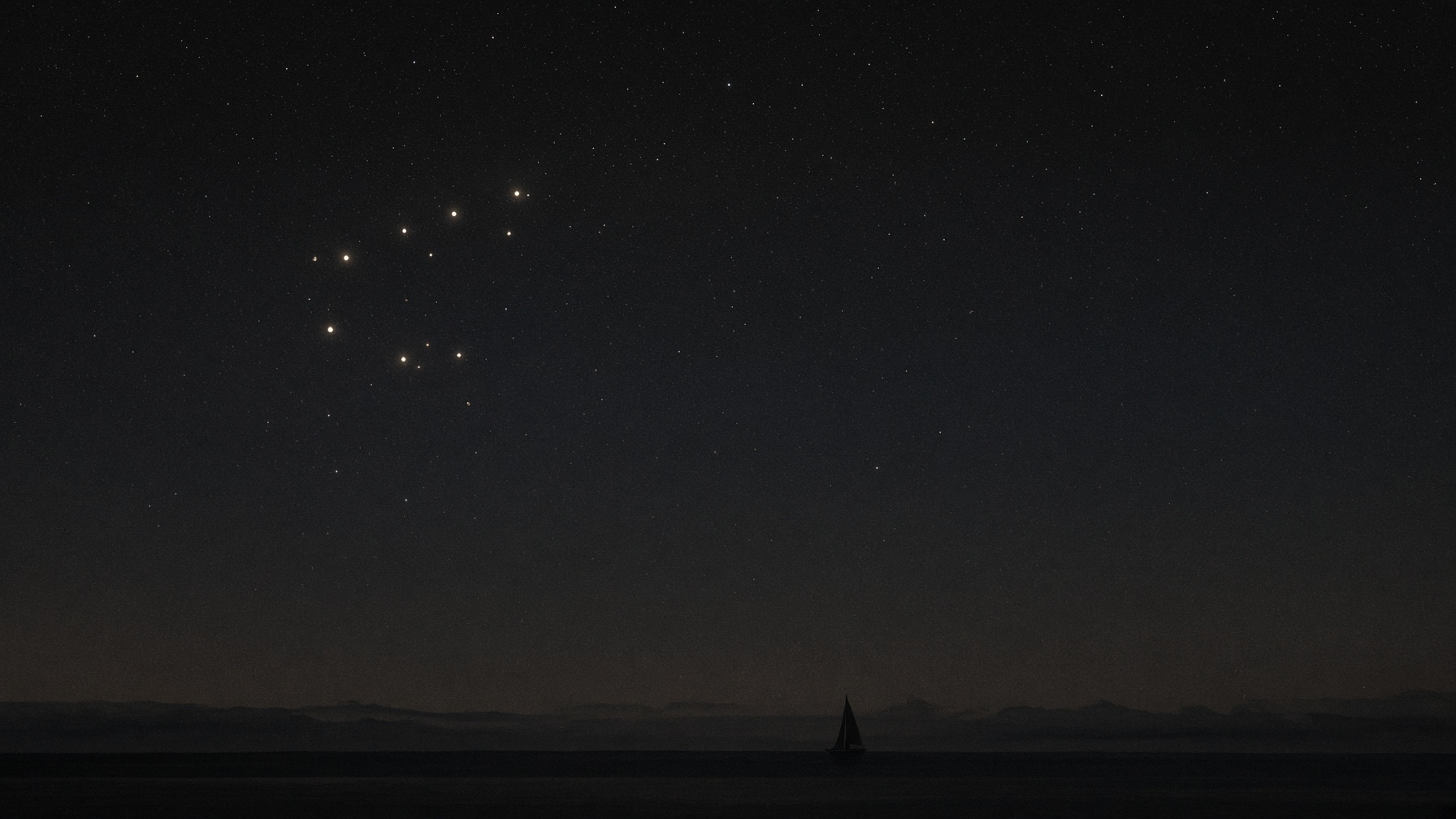 Generated interpretation of a northern night sky. The Bear sits on the left of an implied heading. Not a reconstruction of Homeric craft.
