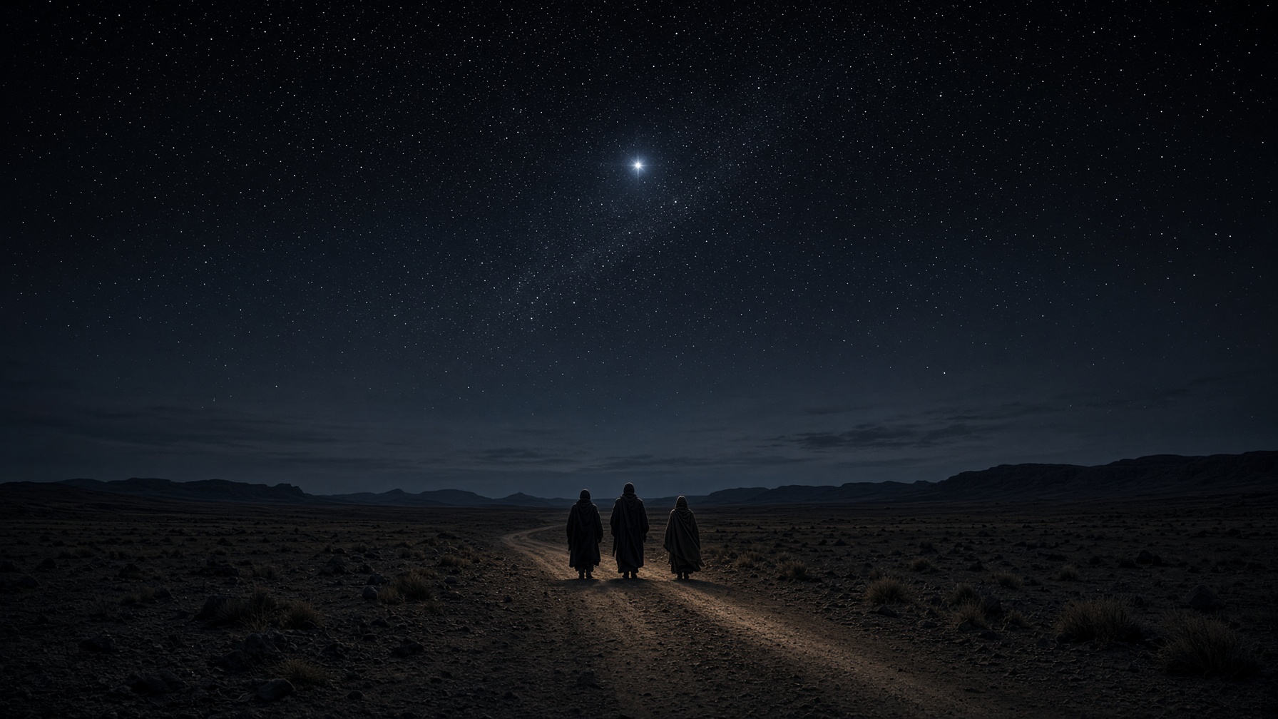 Generated interpretation of three small travelers on a desert night road under one bright star. A sign, not a star compass.