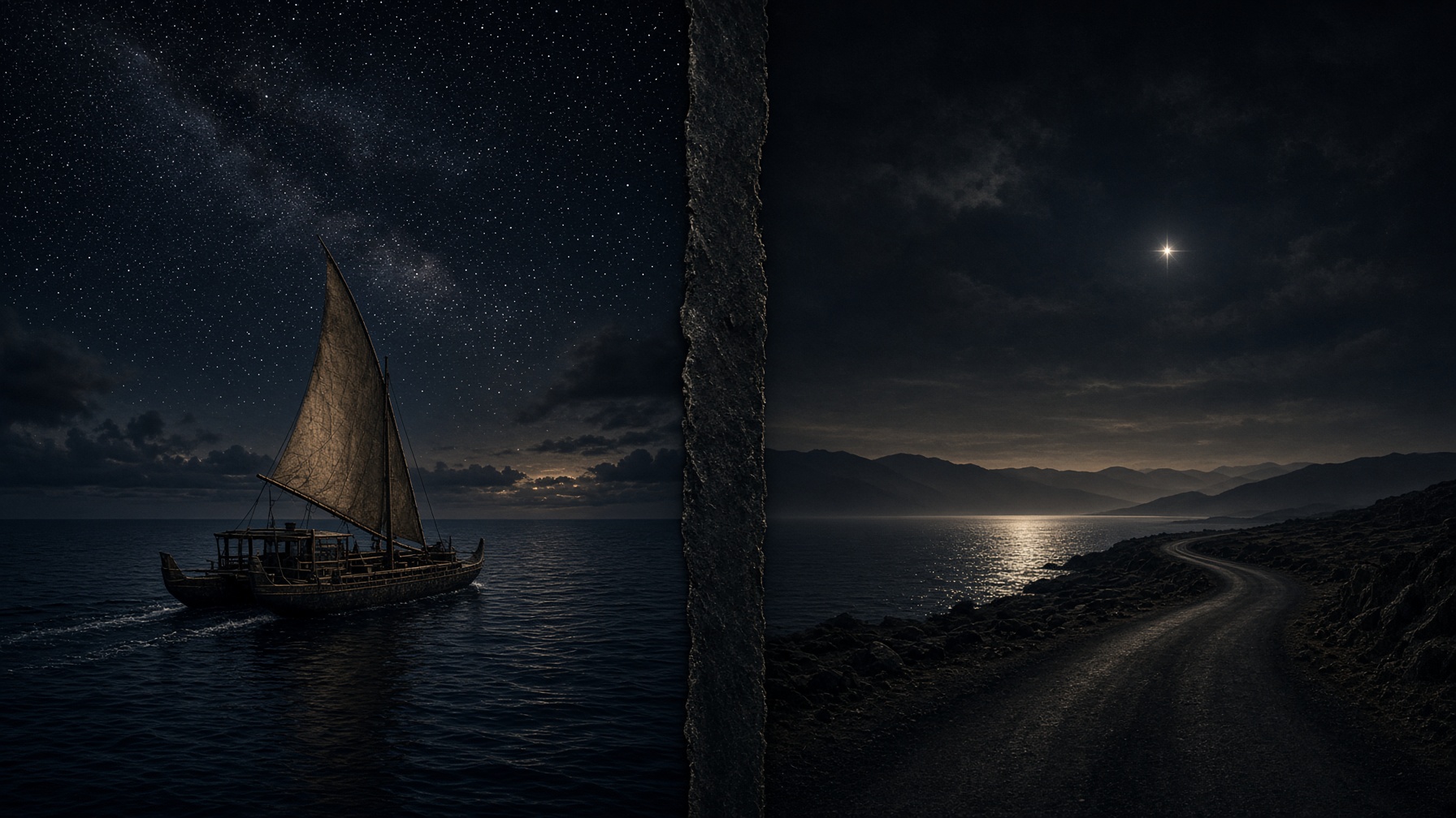 Generated interpretation of two night worlds: a canoe under stars, and an older road under a single light.