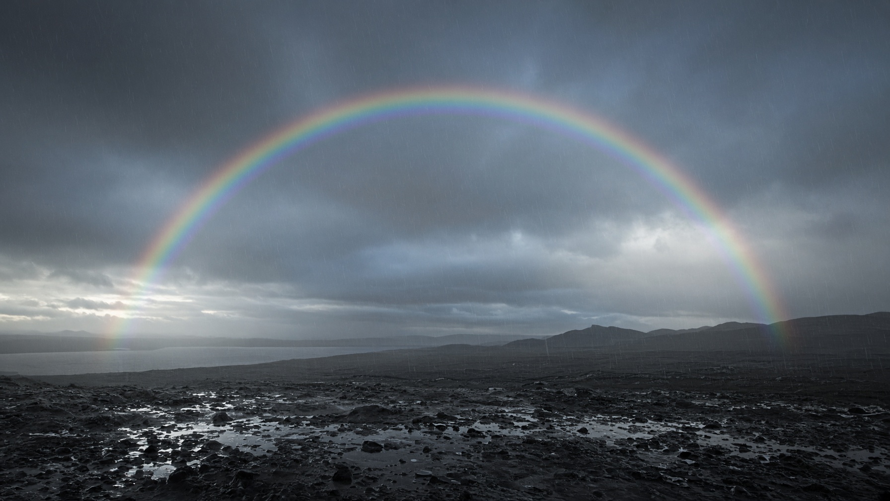Generated interpretation of a primary rainbow over a dark wet landscape. Optics, not a joke.