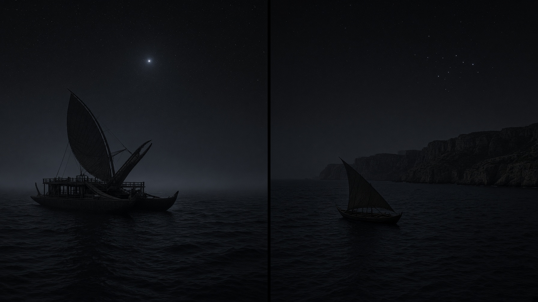 Two night seas placed beside one another, a dark gap between them. Left, a double-hulled canoe. Right, a small Mediterranean sail. Generated interpretation.